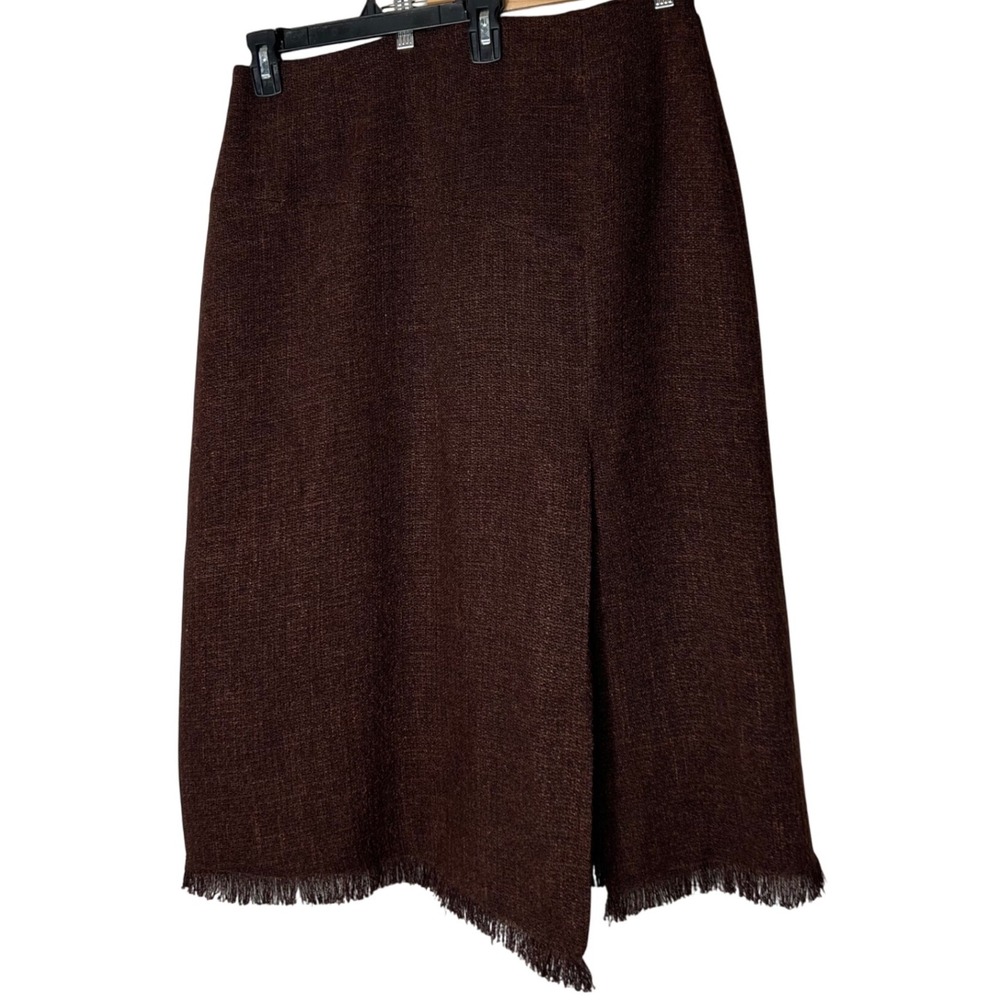HANNAH Women Brown Tweed A-Line Fringed Hem Midi Skirt‎ Size 12